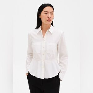 Theory Emita Crisp White Peplum Shirt Cotton Long Sleeve Excellent Size S